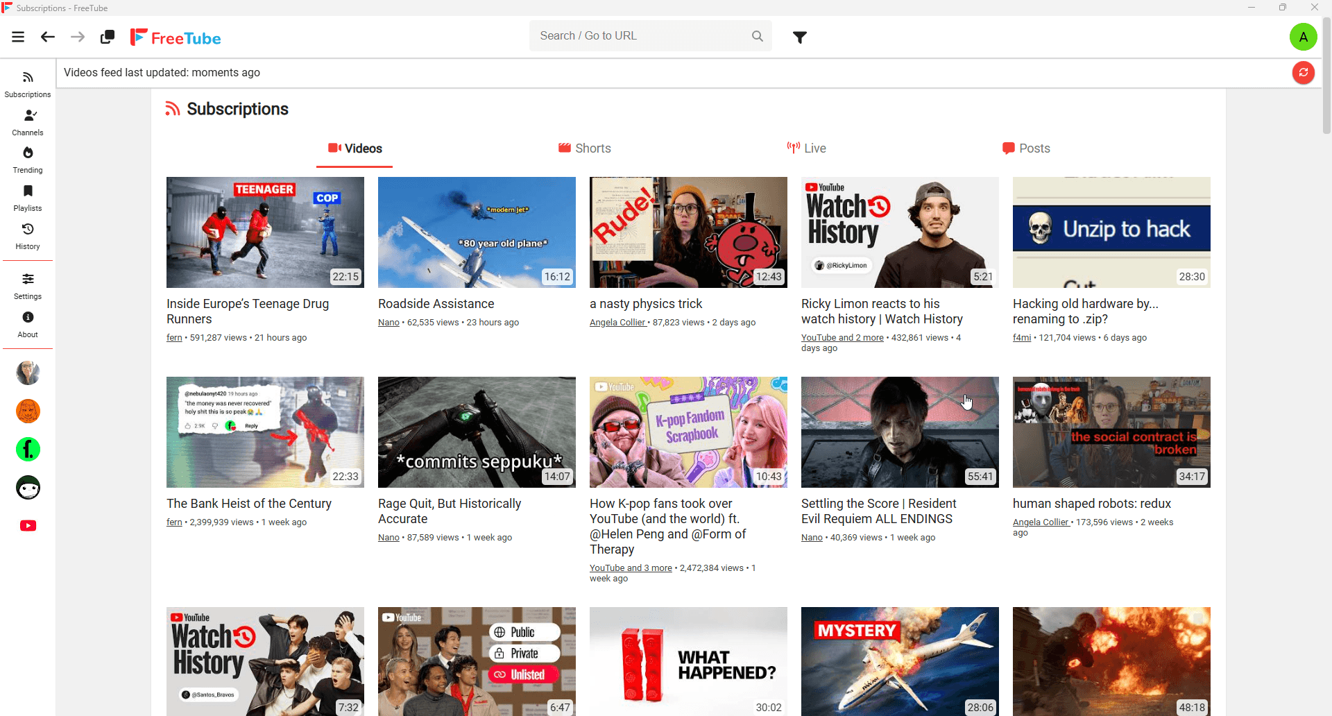 FreeTube subscriptions feed